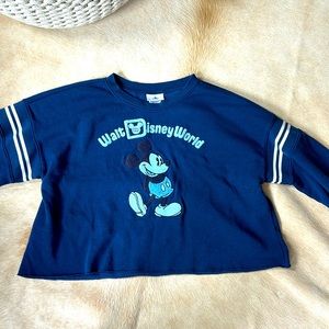 WALT DISNEYWORLD EMBROIDERED Mickey Mouse Navy & Light Blue Cropped Sweatshirt